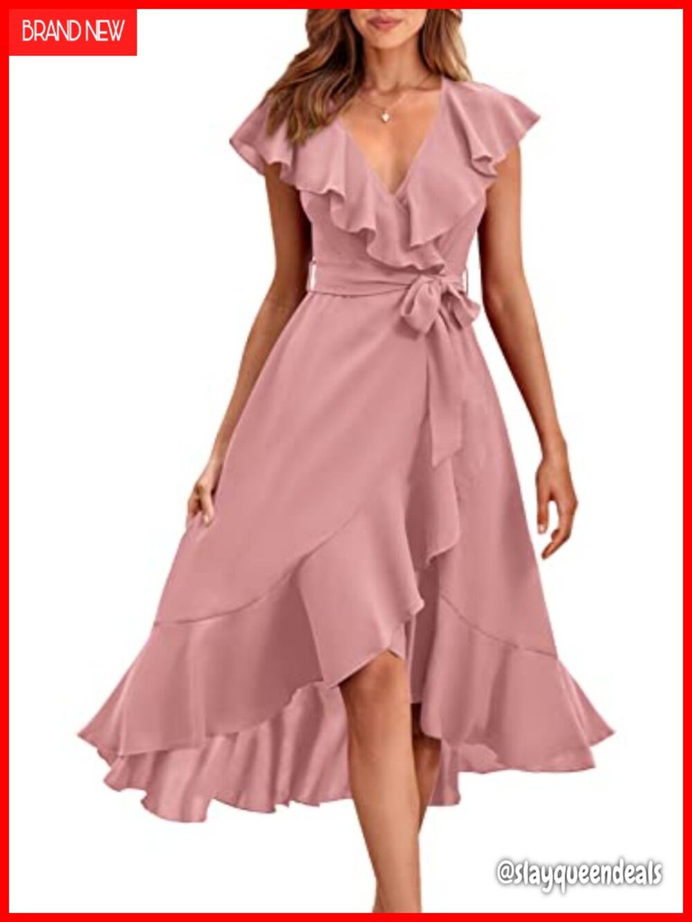Women's Summer Midi Dress Cross V Neck Short Sleeve Ruffle Hem Boho Beach